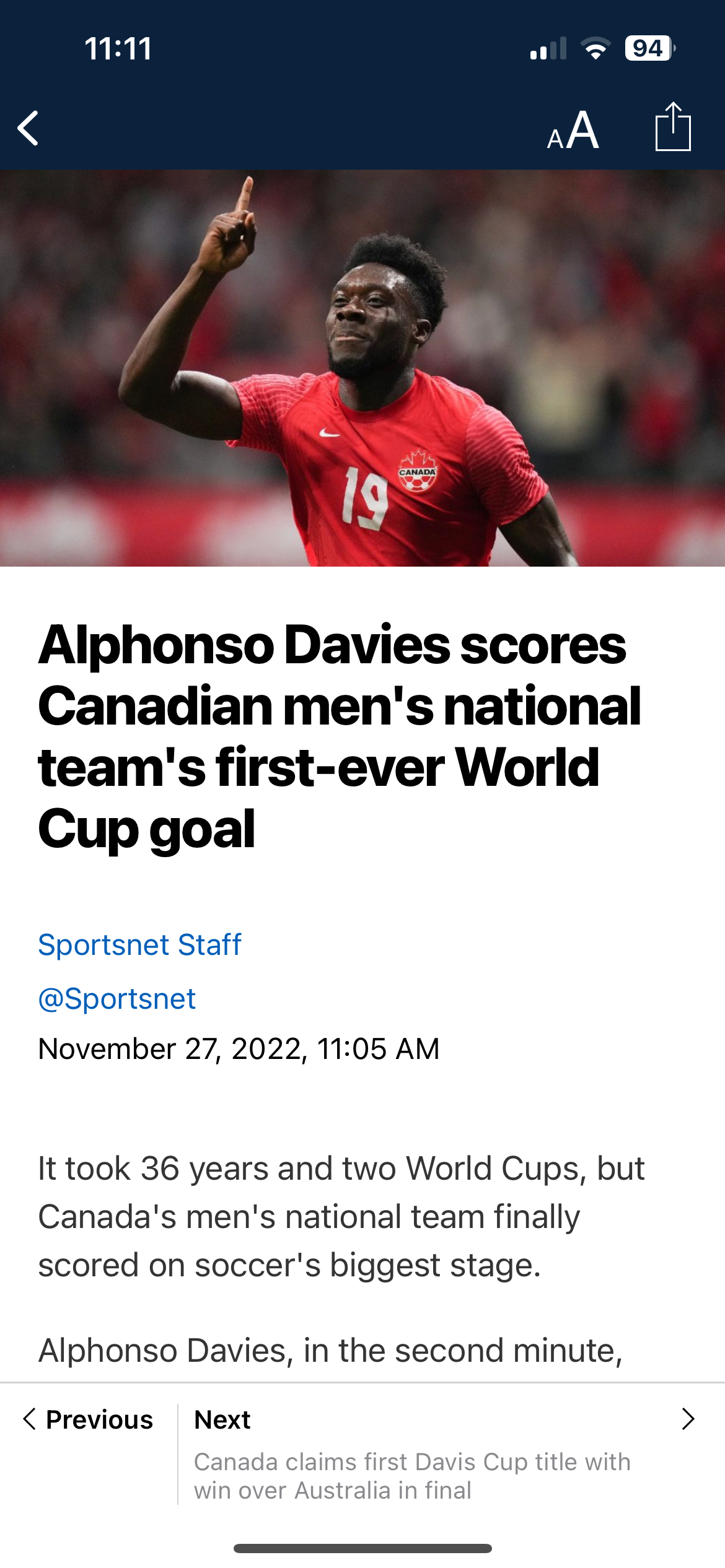 정보) 알폰소 데이비스의 골은, 캐나다 월드컵 최초의 득점이다
