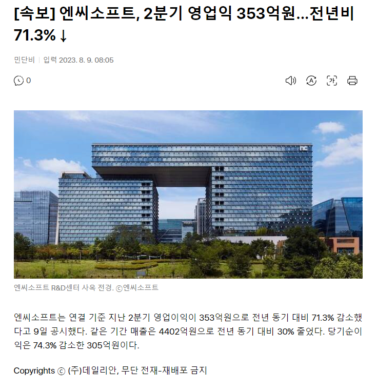 image.png [속보] 엔씨소프트, 2분기 영업익 353억원...전년비 71.3% 하락